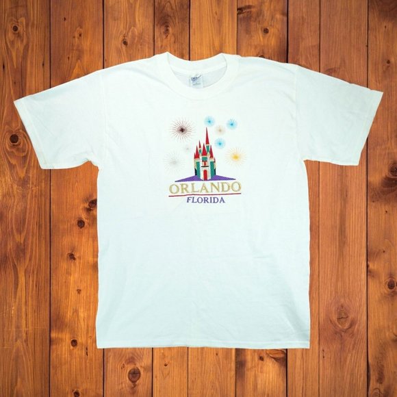 VINTAGE Florida Men T-Shirt Large White Graphic Orlando Castle Embroidered NEW - Picture 1 of 5